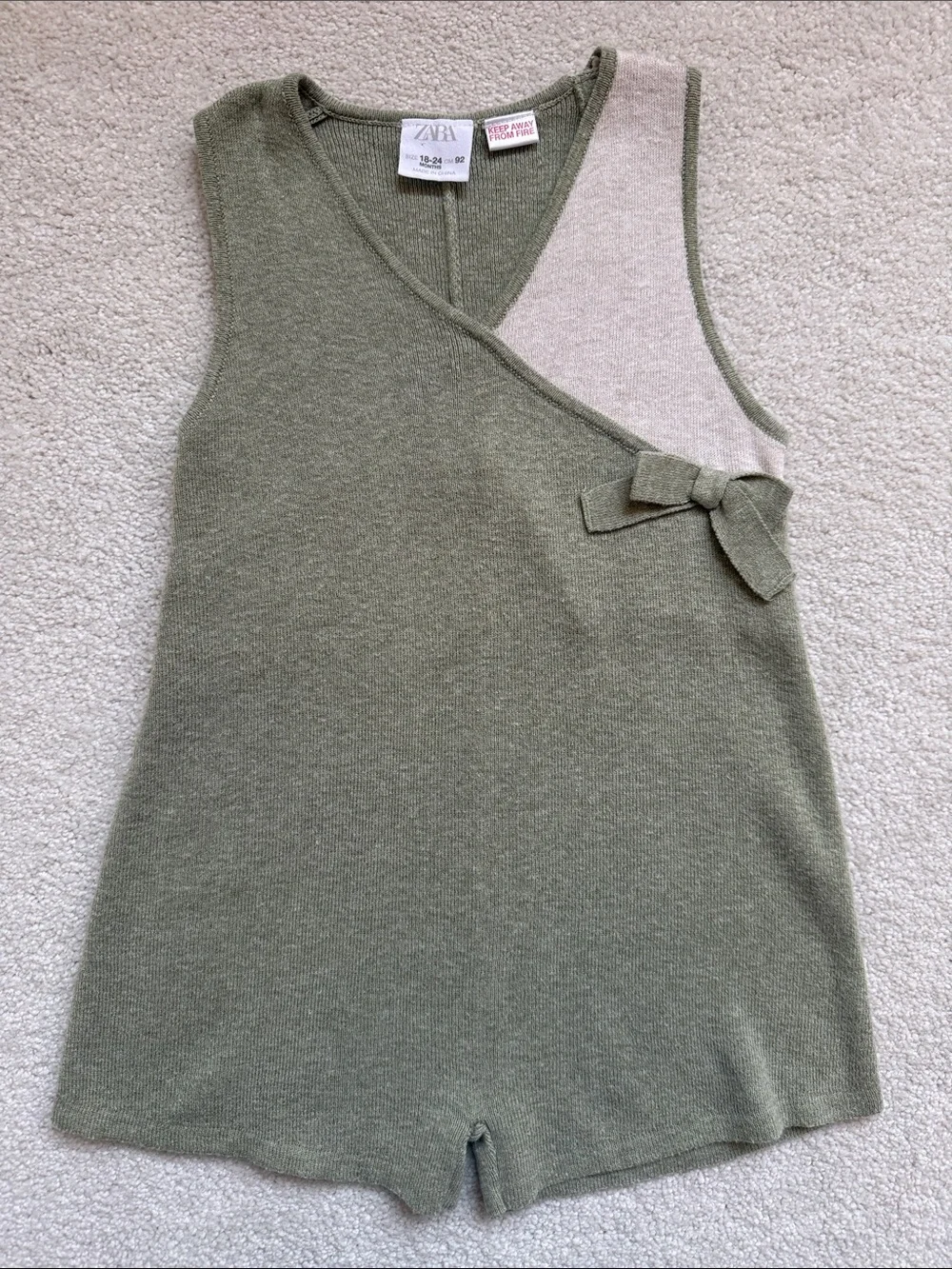 Zara Olive Green Knit Wrap-Style Romper with Cream Contrast and Bow